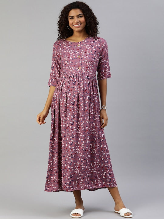 MomToBe Mauve Floral Printed Maternity Nursing Maxi Dress