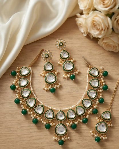Jewel City undan Gold-Plated Emerald Green Pearl Choker Necklace Set | Indian Ethnic Bridal Wedding Jewellery | Handcrafted