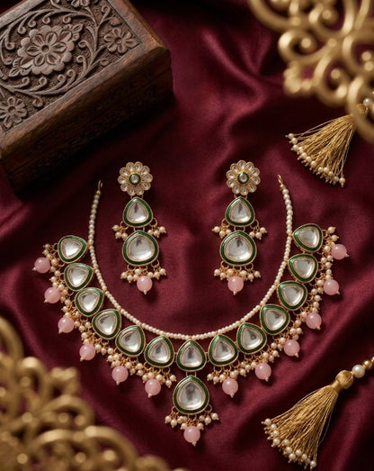 Jewel City undan Gold-Plated Pink Pearl Choker Necklace Set | Indian Ethnic Bridal Wedding Jewellery | Handcrafted