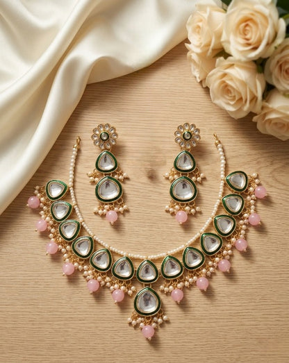 Jewel City undan Gold-Plated Pink Pearl Choker Necklace Set | Indian Ethnic Bridal Wedding Jewellery | Handcrafted