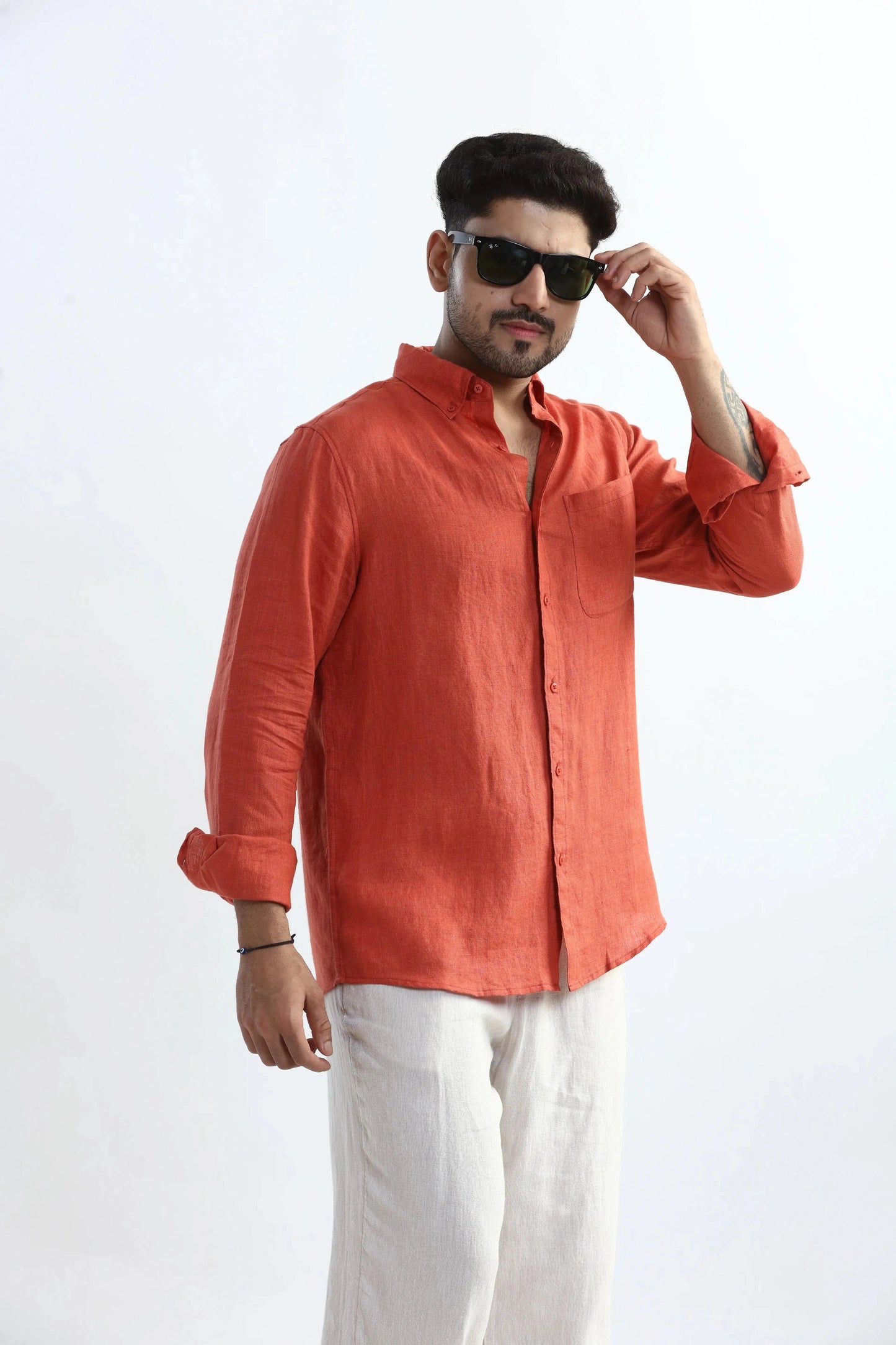 Xkind 100% Pure Linen Rustic Red Button Down Casual Shirt