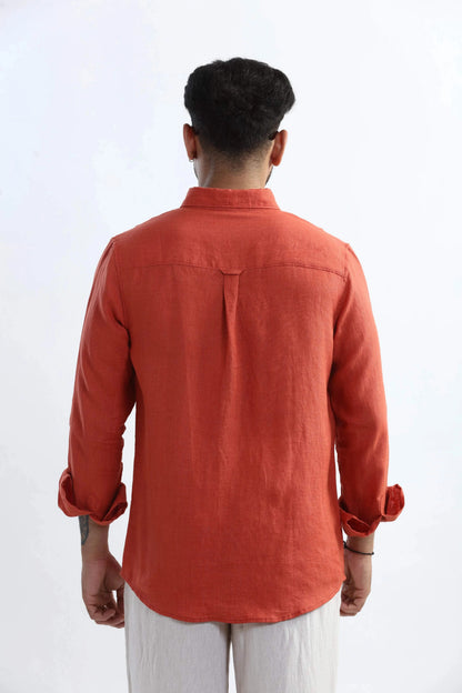 Xkind 100% Pure Linen Rustic Red Button Down Casual Shirt