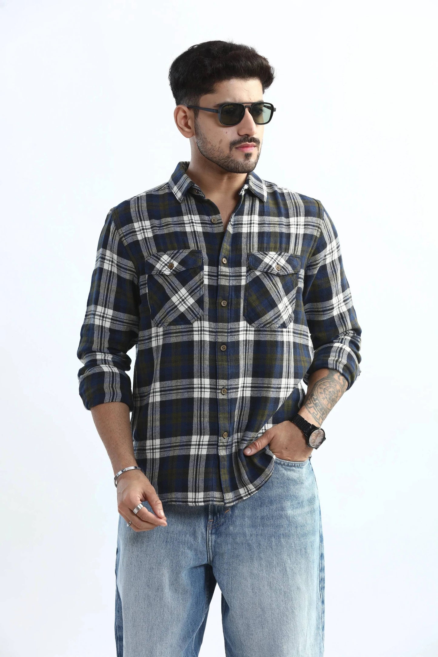 Xkind Men's Navy Blue Textured Checks Regular Fit Shirt