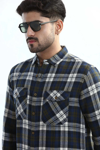 Xkind Men's Navy Blue Textured Checks Regular Fit Shirt