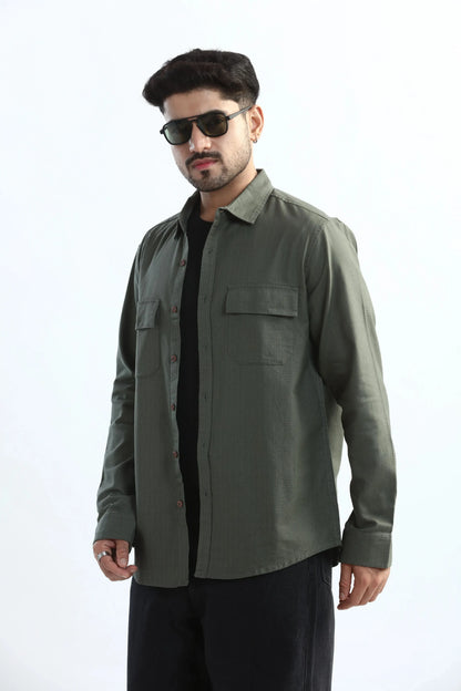 Xkind Dark Green Textured Regular Fit Shirt/ Overshirt
