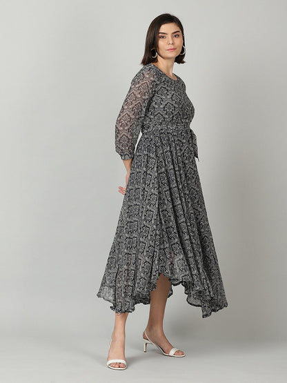 Souchii Women Grey & Black Ethnic Motifs Chiffon A-Line Midi Dress