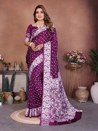 Anaita Purple Handmade Bandhej Viscose Silk Saree With Blouse