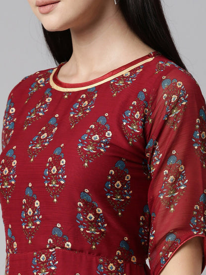 Souchii Maroon & Blue Ethnic Motifs Chiffon Maxi Dress