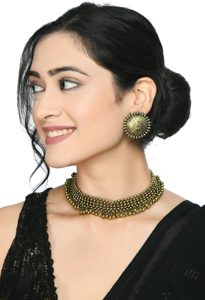 Mominos Fashion Johar Kamal Oxidised Gold-Polished Brass Finish Ghungroo Design Choker Set