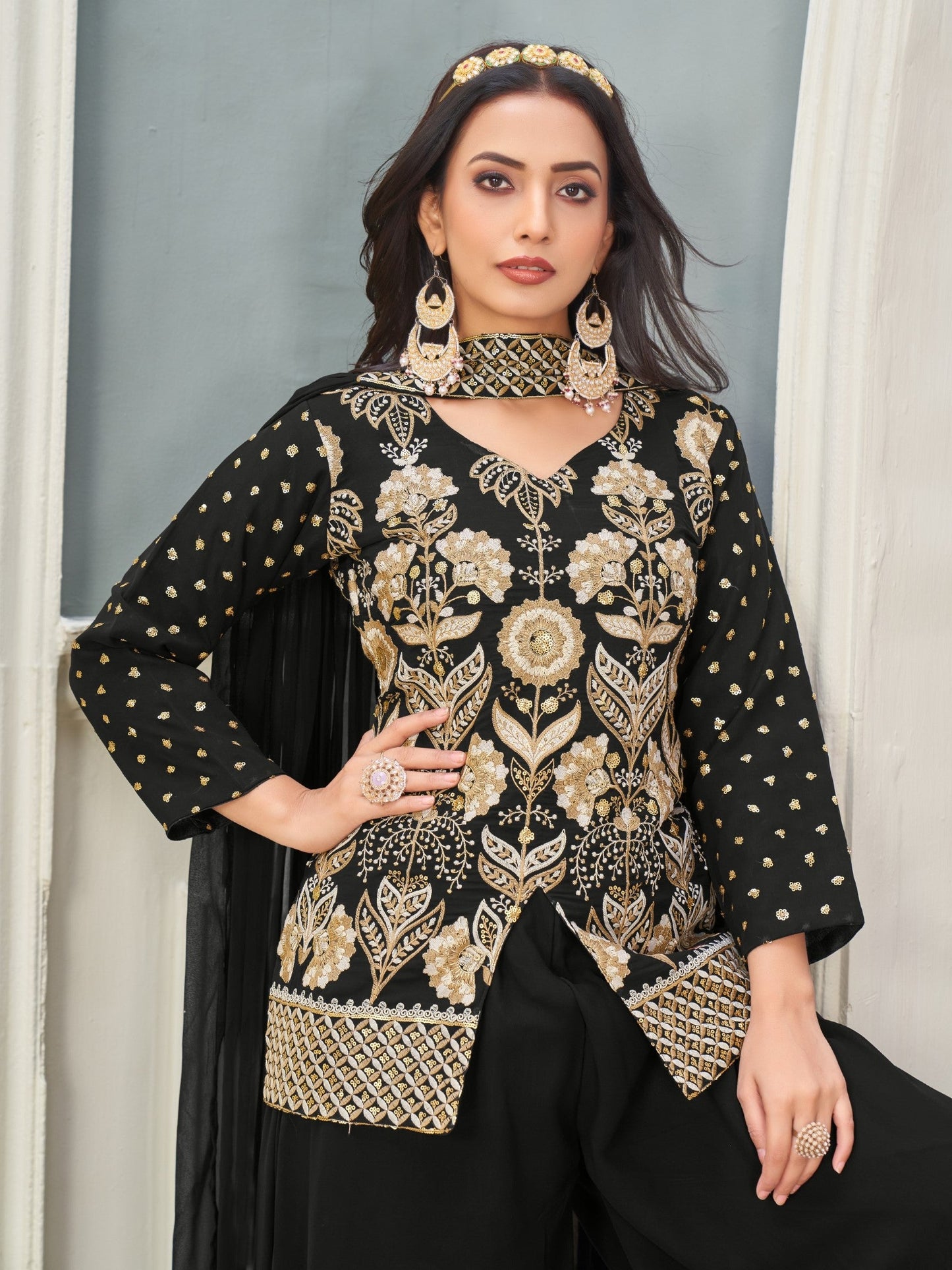 Anaita Black Heavy Embroidered Faux Georgette Stitched Plazzo Suit