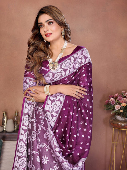 Anaita Purple Handmade Bandhej Viscose Silk Saree With Blouse
