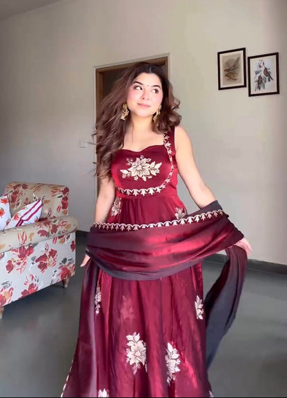 Yash Enterprise Maroon Fandy Silk Party Wear Embroidery Suit Set