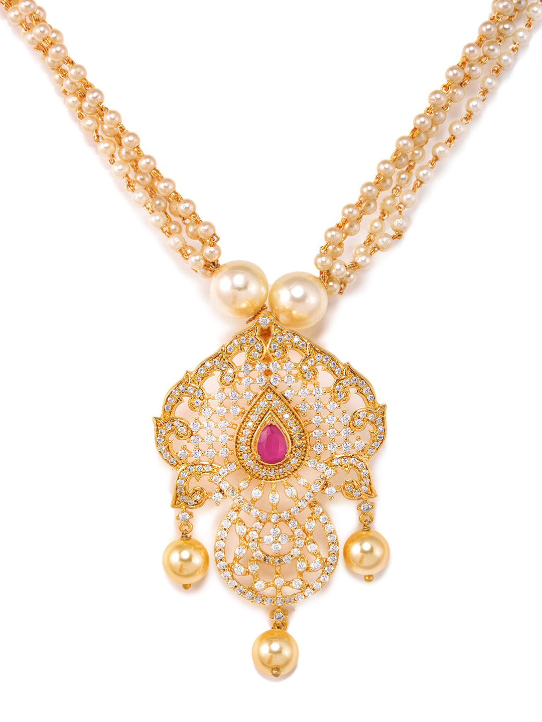 Saraf RS Jewellery Gold-Polished White & Magenta American Diamond Studded Jewellery Set