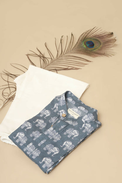 Breathables Kids Boys & Girls Cotton Night Suit – Grey Elephant Print Kurta & Pyjama Co-Ord Set