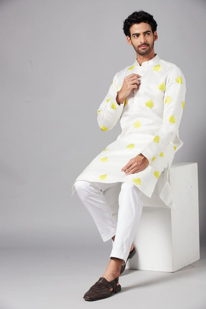 Mogra Yellow Leaf Embroidered Kurta by Hilo Design