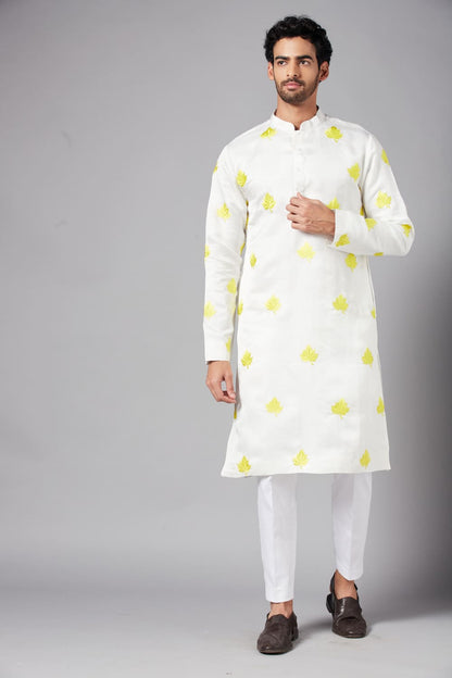 Mogra Yellow Leaf Embroidered Kurta by Hilo Design