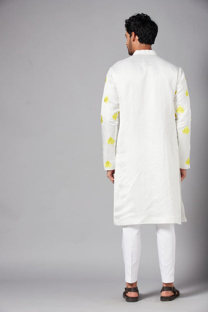 Mogra Yellow Leaf Embroidered Kurta by Hilo Design