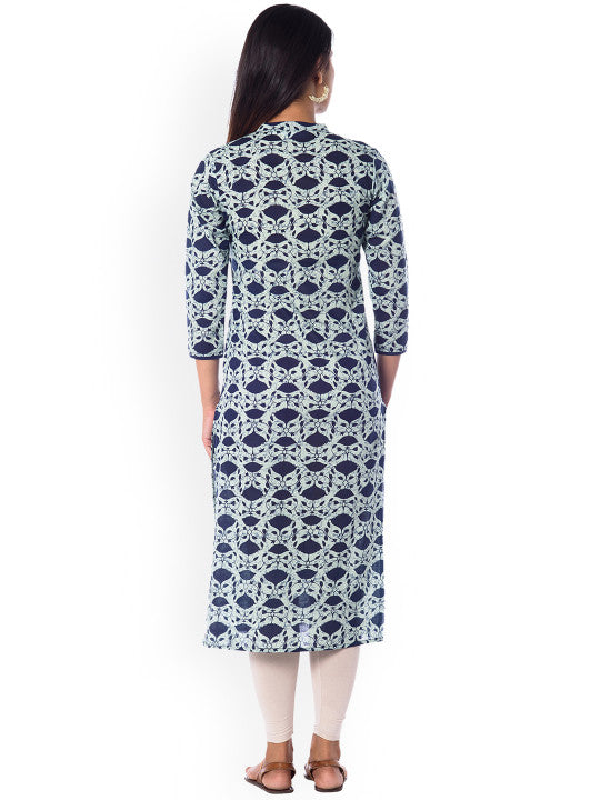 Anayna Women Navy Blue & Off-White Printed Straight Kurta