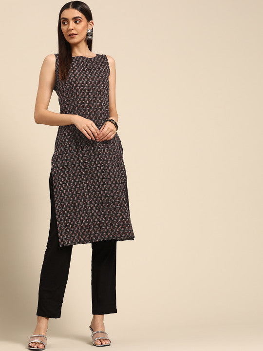 Anayna Women Black & White Ethnic Motifs Printed Kantha Work Kurta