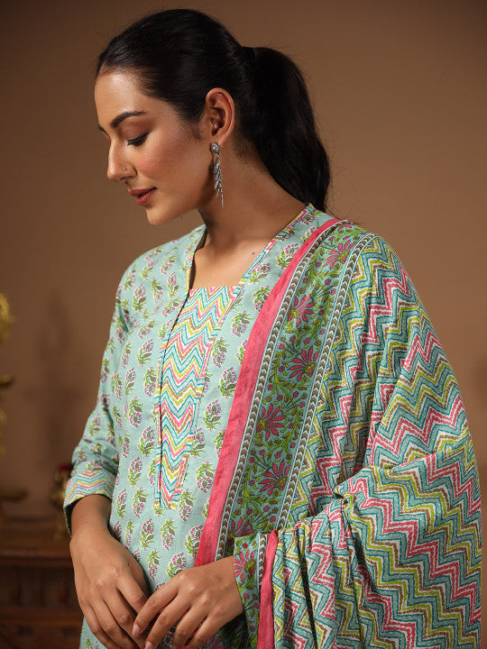 Anayna Women Floral Printed Pure Cotton Kurta with Trousers & With Dupatta