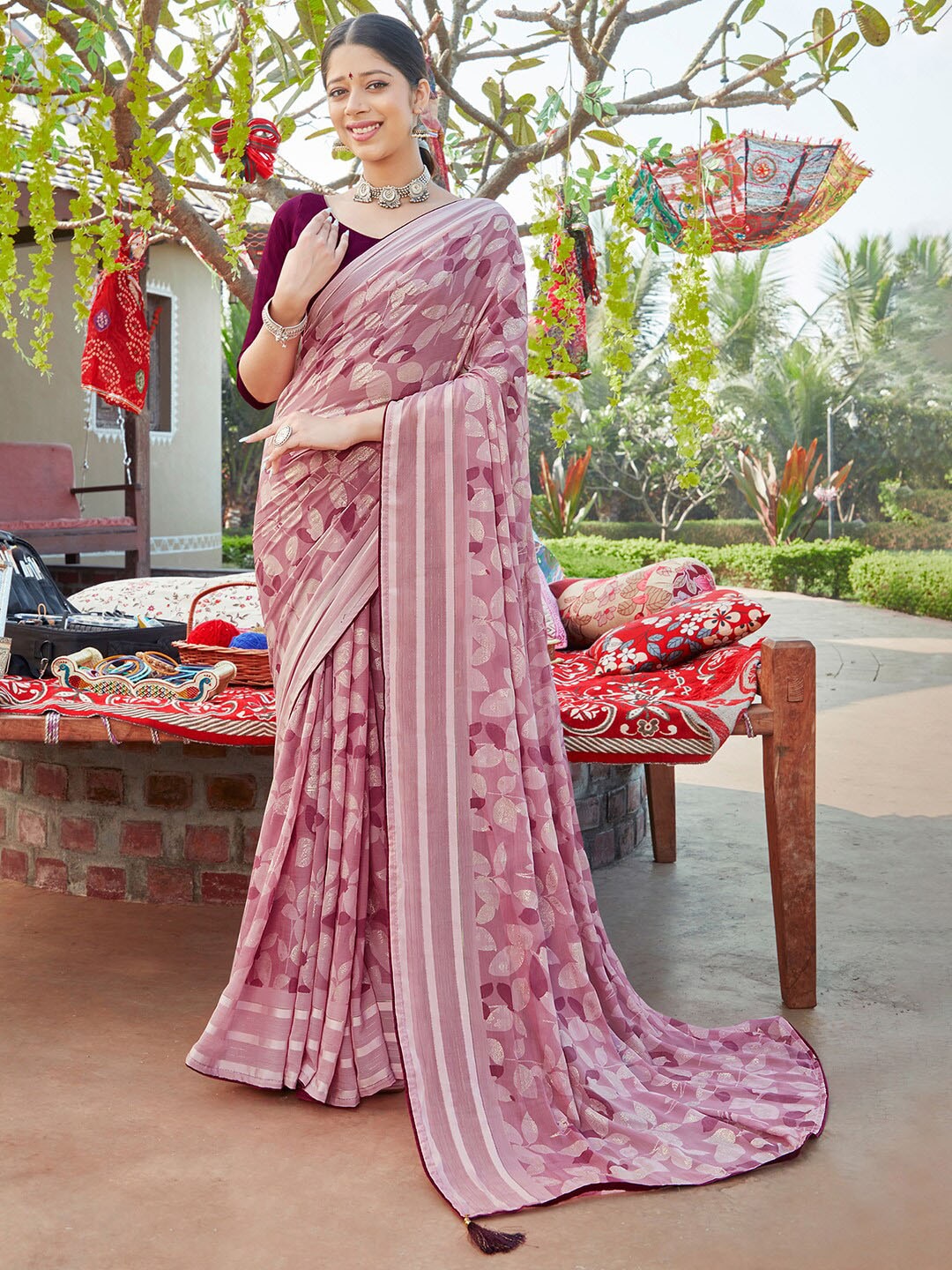 Saree Mall Floral Printed Pure Chiffon Block Print Saree