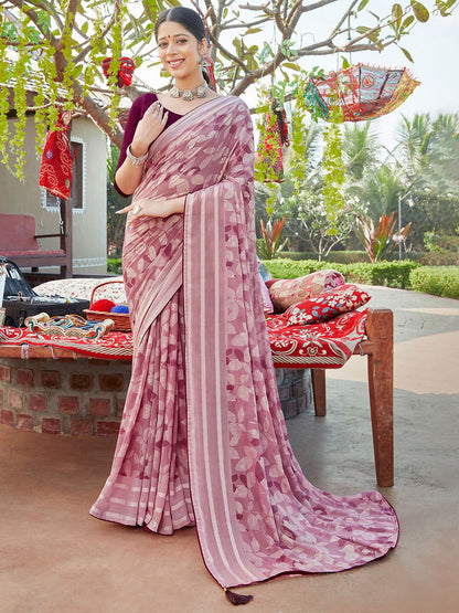 Saree Mall Floral Printed Pure Chiffon Block Print Saree