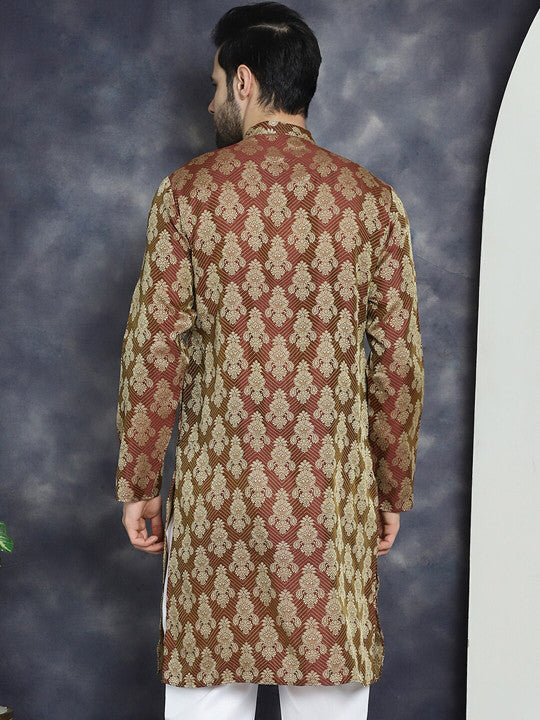Anouk Maroon Ethnic Motifs Woven Design Jacquard Straight Cotton Silk Kurta