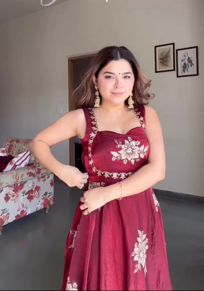 Yash Enterprise Maroon Fandy Silk Party Wear Embroidery Suit Set