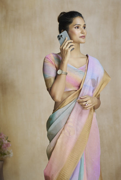 Anaita Peach Fancy Fabric With Digital Print Saree With Blouse