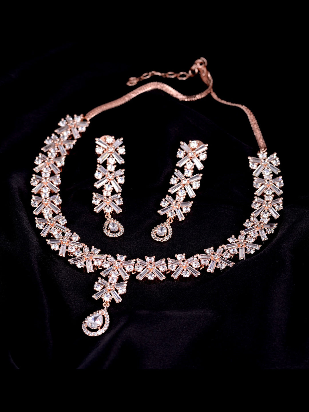 Saraf RS Jewellery Rose Gold-Polished American Diamond Studded Handcrafted Jewellery Set