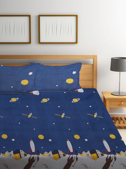 Home Sizzler Blue & Yellow Cartoon Characters 144 TC Bedsheet with Pillow Covers