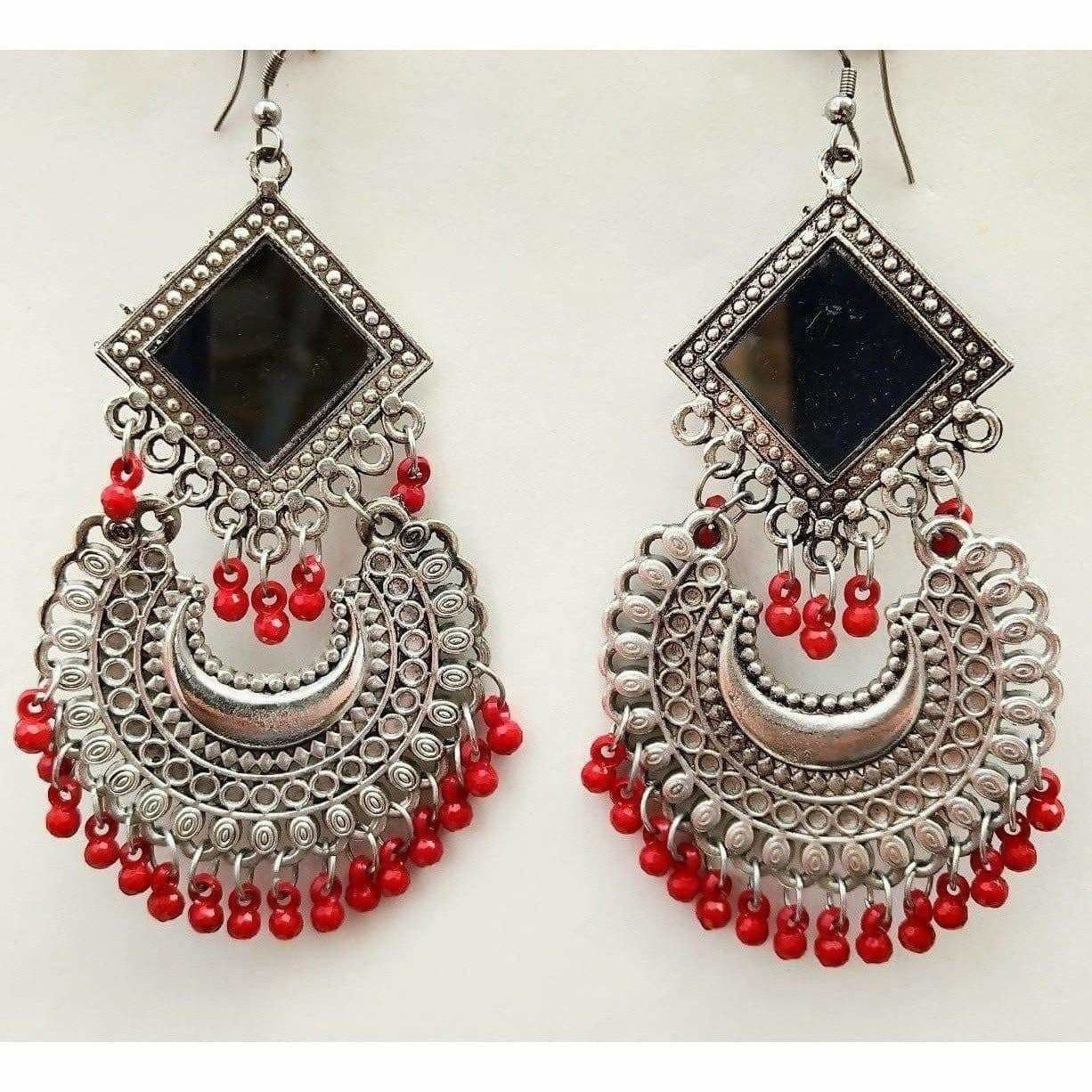 MS Fashion India Latest Trendy Chandbali Red Pearls Long Mirror Half Moon Silver Tone Earrings