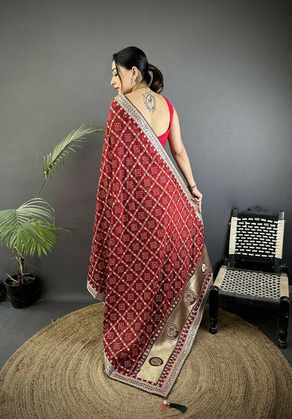 Joban Fashion Maroon Bandhej Bandhani Vichitra Silk Bandhani Prints Saree