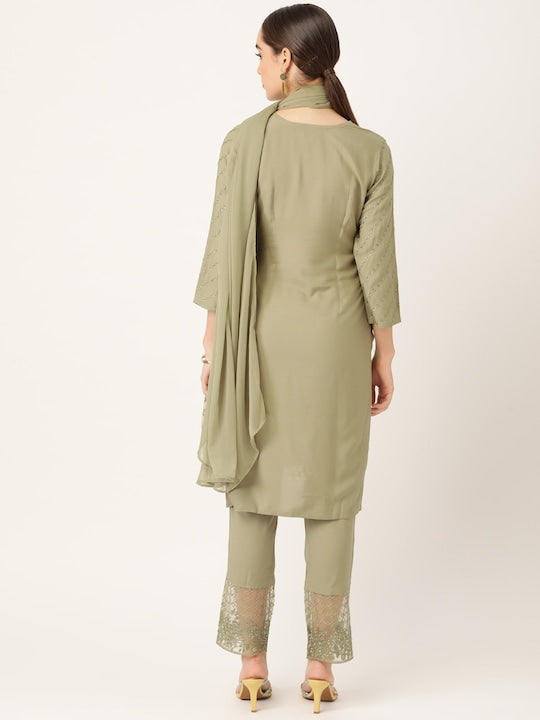Anouk Women Olive Green Ethnic Motifs Yoke Design Kurta with Palazzos & With Dupatta