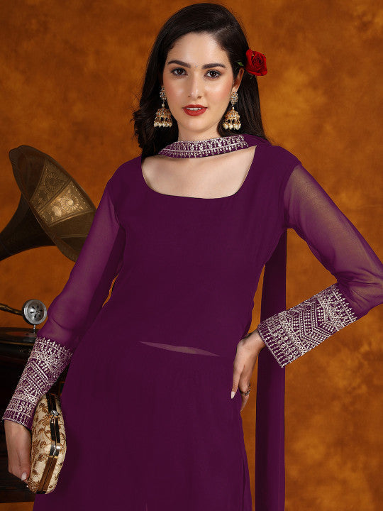 Sangria Embroidery Georgette Kurta Palazzo With Dupatta Set