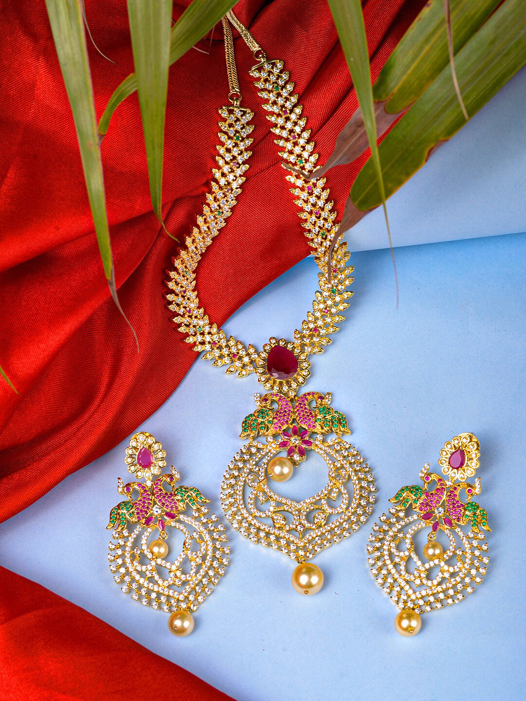 Saraf RS Jewellery Gold-Polished Green & Pink American Diamond Studded & Beaded Handcrafted Jewellery Set