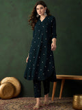 Sangria Teal Green Floral Printed V-Neck Straight Kurta With Trousers