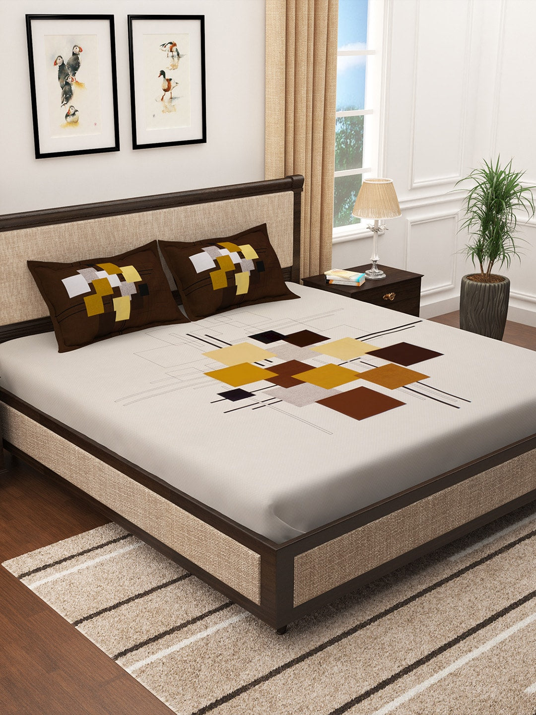Story@home Cream-Coloured & Brown Abstract 300 TC Cotton 1 King Bedsheet with 2 Pillow Covers