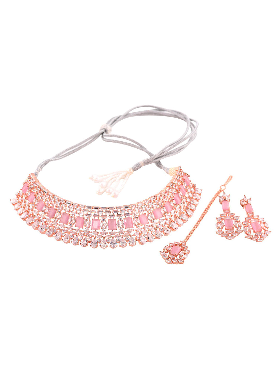 Saraf RS Jewellery Rose Gold-Polished & Pink AD Studded Handcrafted Jewellery Set