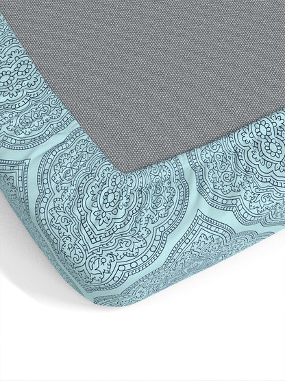 Dreamscape Blue Ethnic Motifs 140 TC Fitted Cotton King Bedsheet & Pillow Covers
