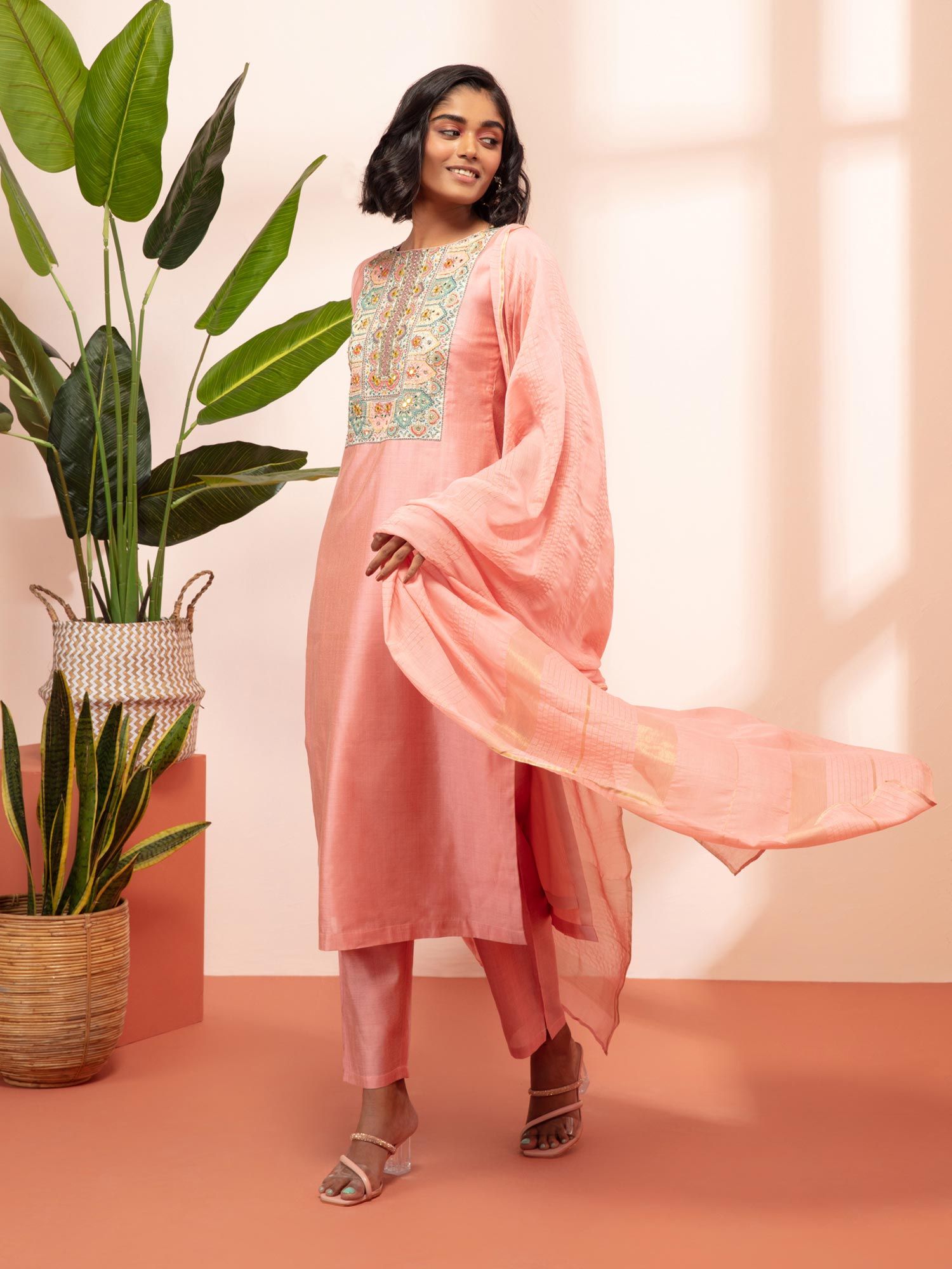 Likha Shaan-E-Avadh Peach Zari Mirror Work Kurta, Pant & Dupatta LIKSKD131 (Set of 3)
