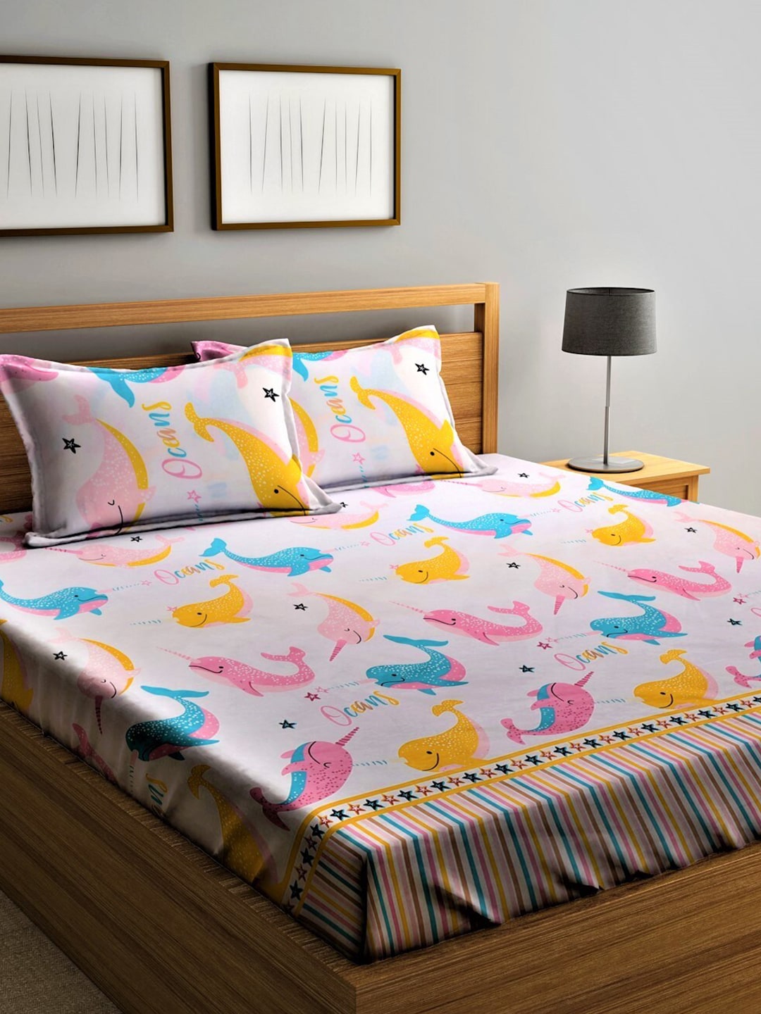 Home Sizzler Pink & Blue Cartoon 210 TC Cotton Bedsheet with Pillow Covers
