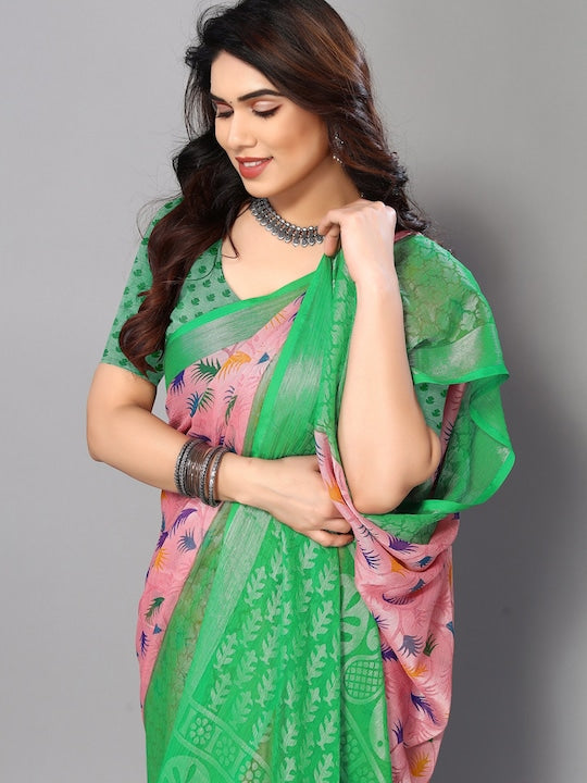 Fabmora Ethnic Printed Zari Pure Chiffon Brasso Saree
