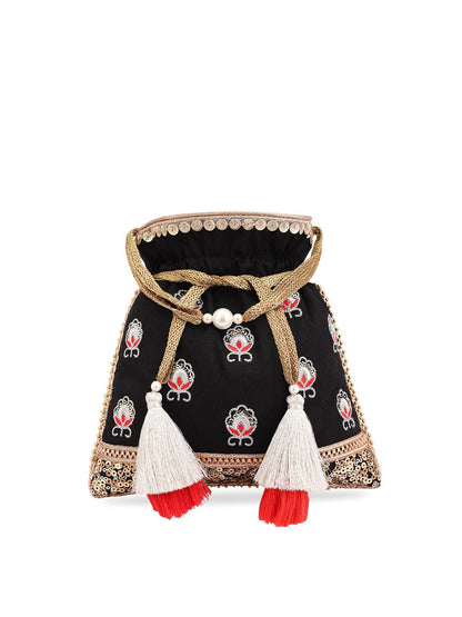 Masq Black & White Embroidered Potli Clutch