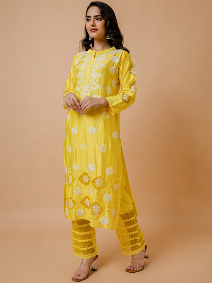 HOUSE OF KARI Floral Embroidered Chanderi Silk Chikankari Kurta