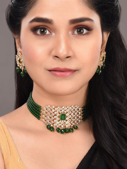 Saraf RS Jewellery Gold-Polished White & Green American Diamond Studded Choker Jewellery Set