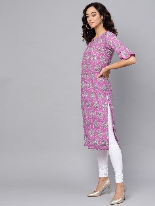 Anayna Women Purple & Off-White Printed Straight Kurta
