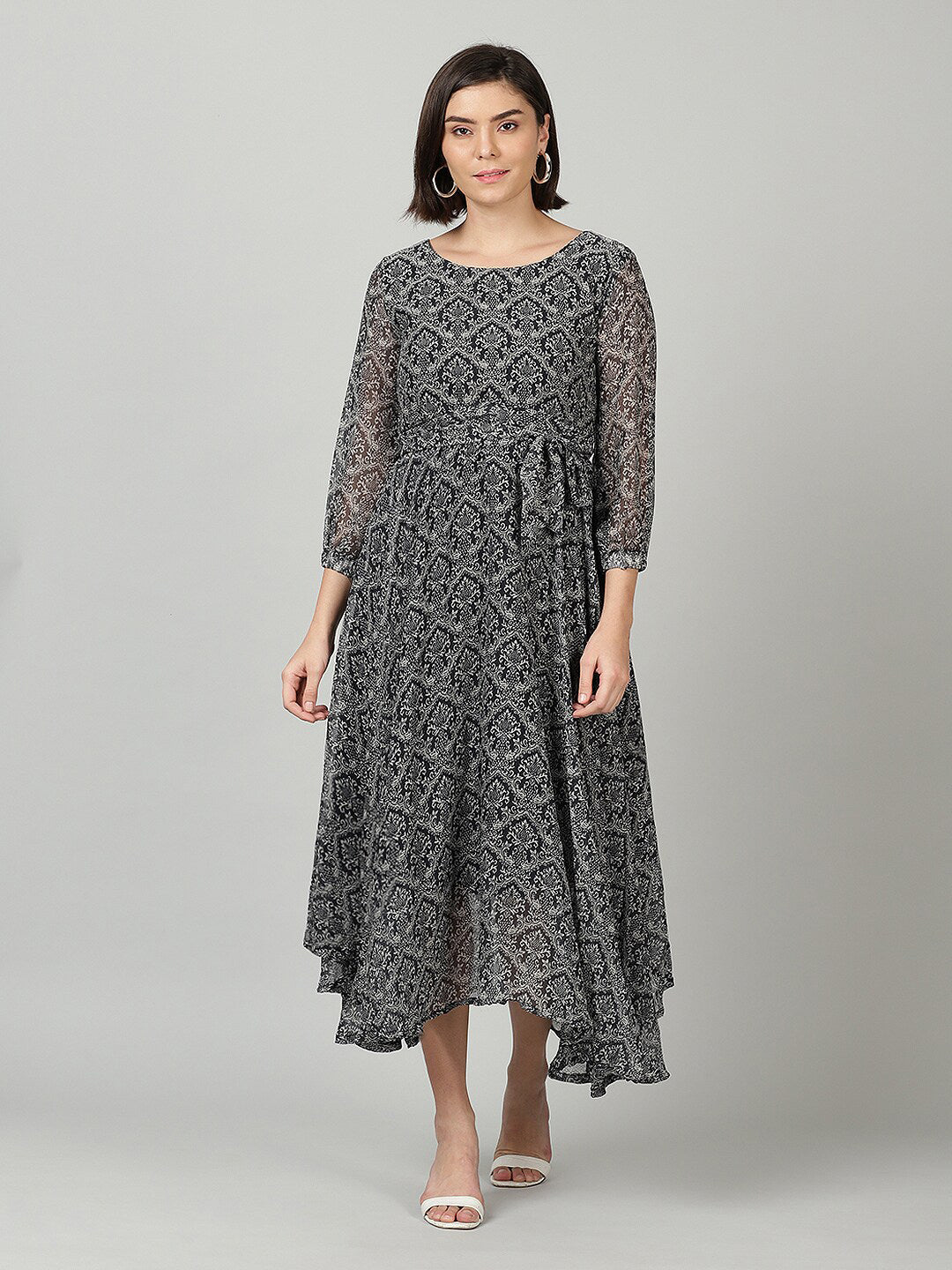 Souchii Women Grey & Black Ethnic Motifs Chiffon A-Line Midi Dress