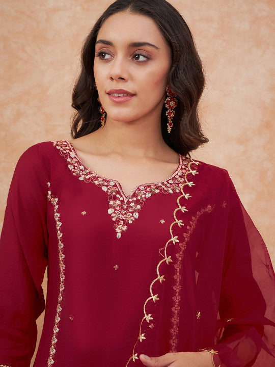 Sangria Maroon Floral Embroidered Straight Kurta With Trousers & Dupatta
