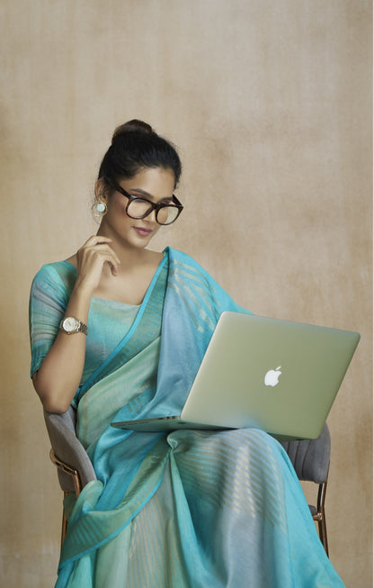 Anaita Turquoise Fancy Fabric With Digital Print Saree With Blouse